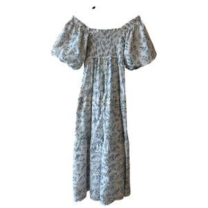 Mi Golondrina Blue Floral Smocked Puff Sleeve Maxi Dress Size S